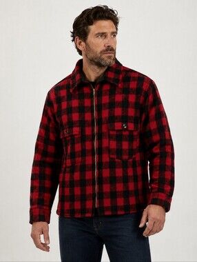 Johnson Woolen Mills Red Black Buffalo Plaid Wool Hunting Jacket Mens Neck Sz 16
